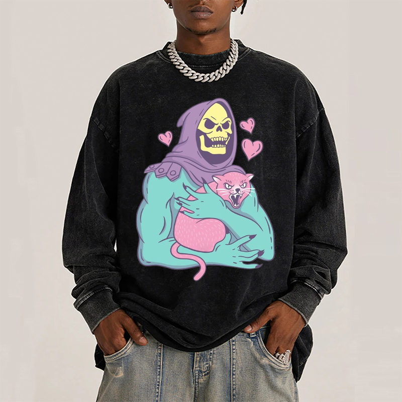 Funny Skull Cat Unisex Casual Washed Printed Long Sleeve T-shirt