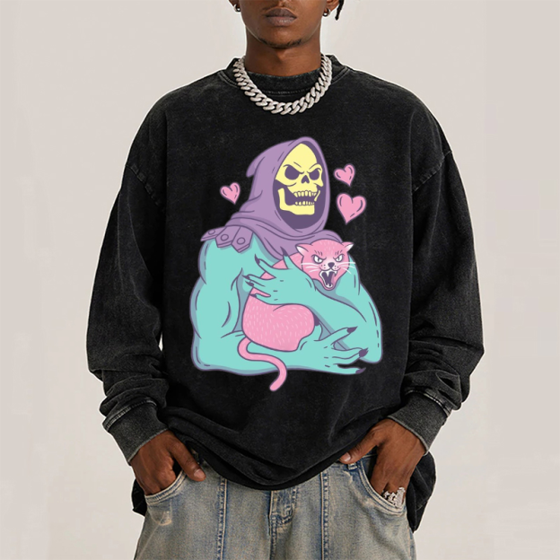 Funny Skull Cat Unisex Casual Washed Printed Long Sleeve T-shirt