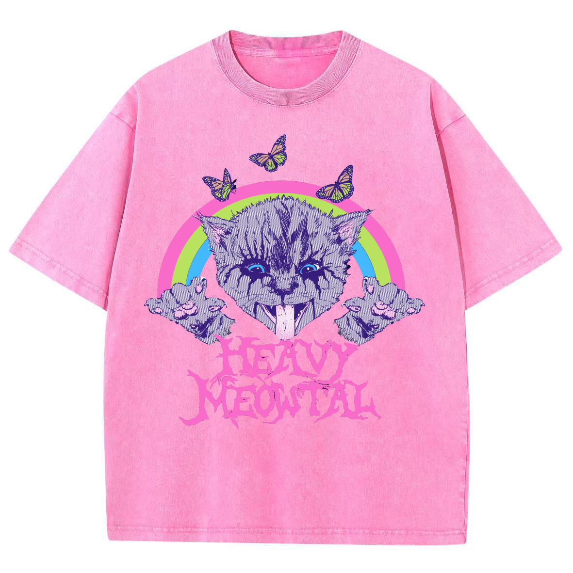 Heavy Meowtal Unisex Printed Retro Washed Short Sleeved T-Shirt-Print-cool