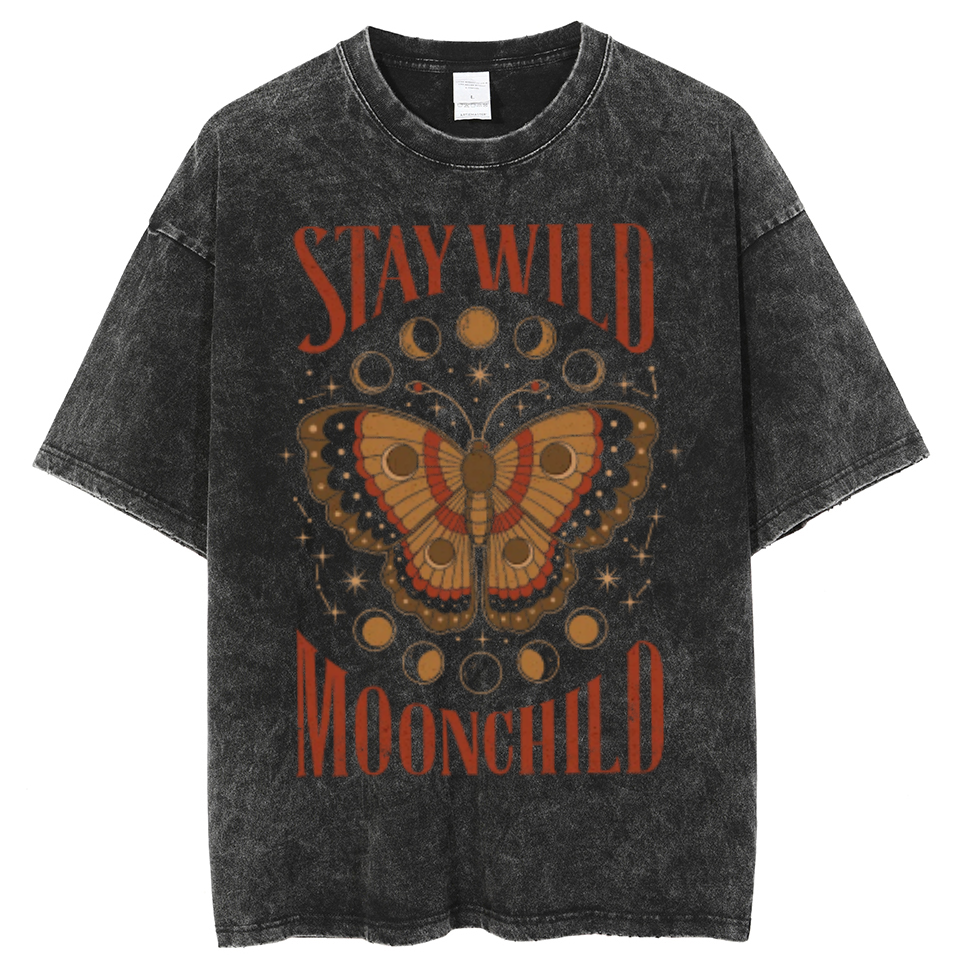 Stay Wild Unisex Oversized Print Vintage Wash Denim T-Shirt-Print-cool