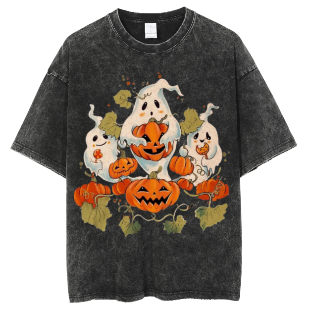 Spooky Pumpkin Unisex Printed Retro Washed Short Sleeved T-Shirt
