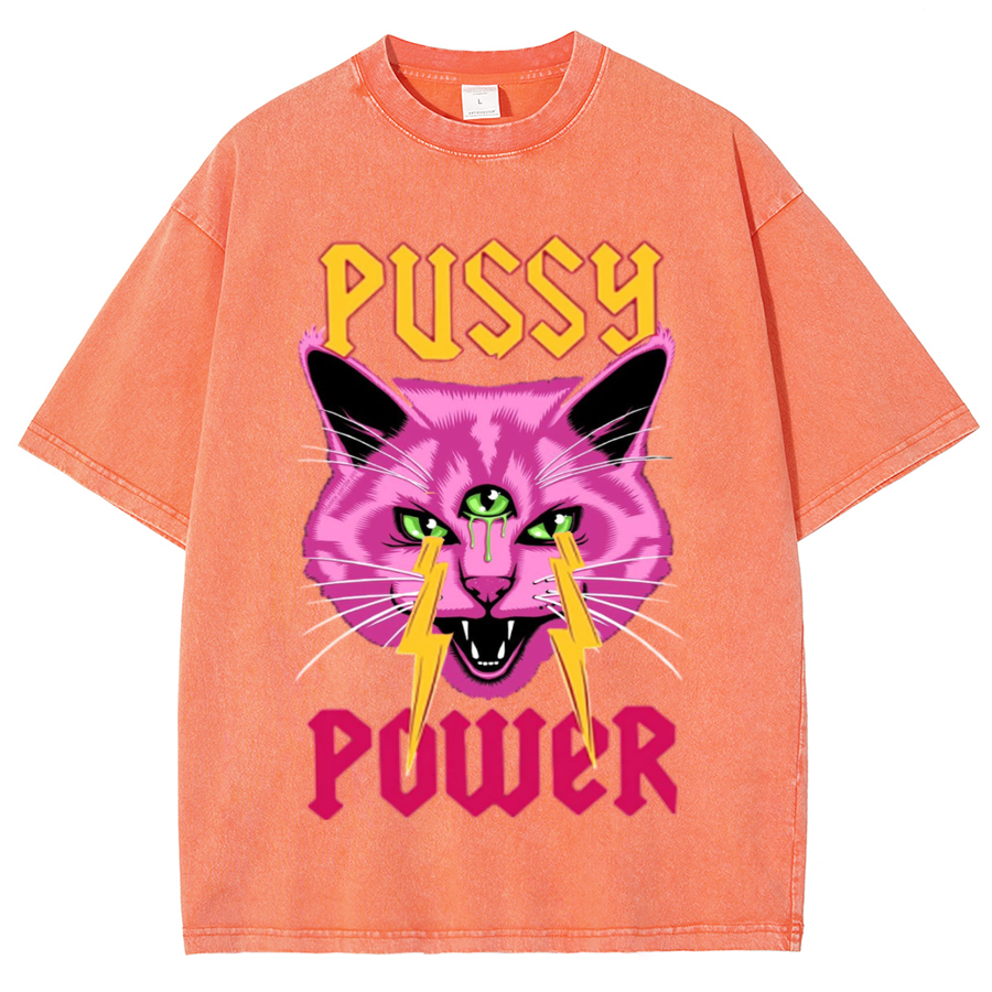 Pussy Power Unisex Oversized Print Vintage Wash Denim T-Shirt