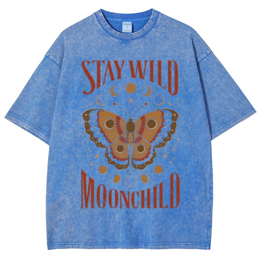 Stay Wild Unisex Oversized Print Vintage Wash Denim T-Shirt-Print-cool