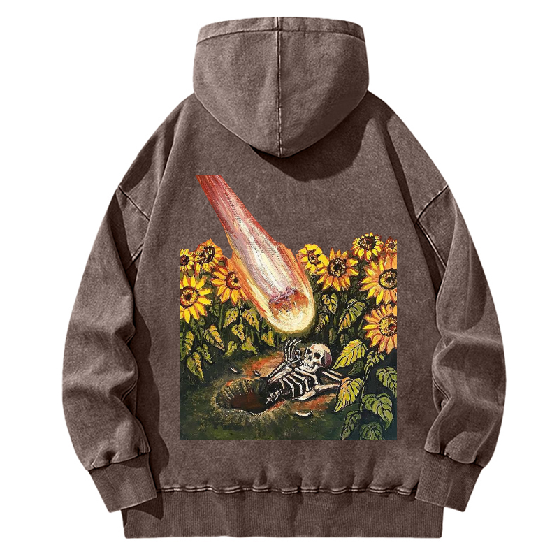 Unisex Casual Washed Sunflower Skull Illustration Printed Hoodie Sweatshirt