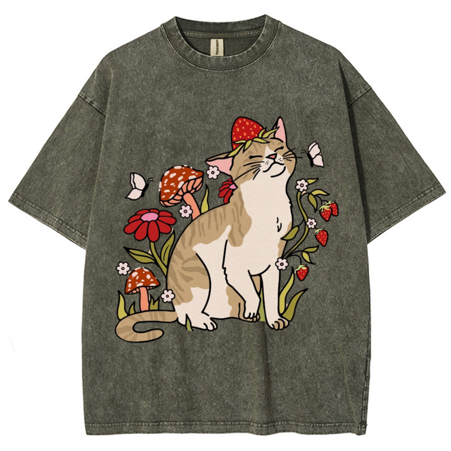 Cat And Plant Unisex Printed Retro Washed Short Sleeved T-Shirt-Print-cool