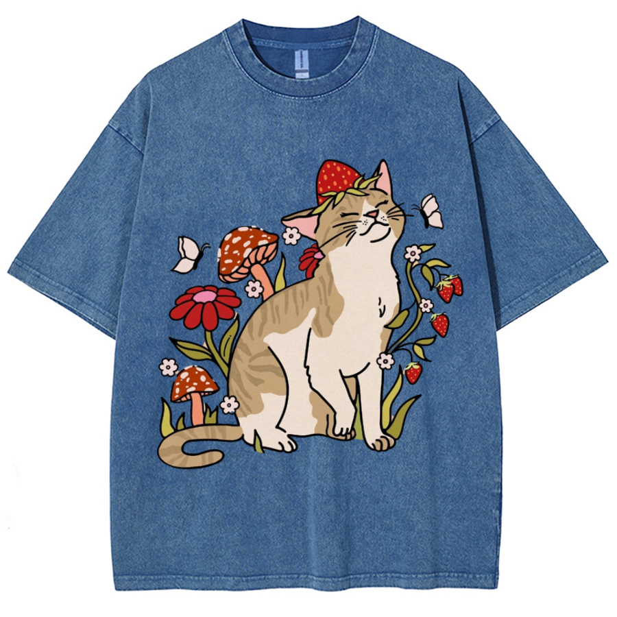 Cat And Plant Unisex Printed Retro Washed Short Sleeved T-Shirt-Print-cool