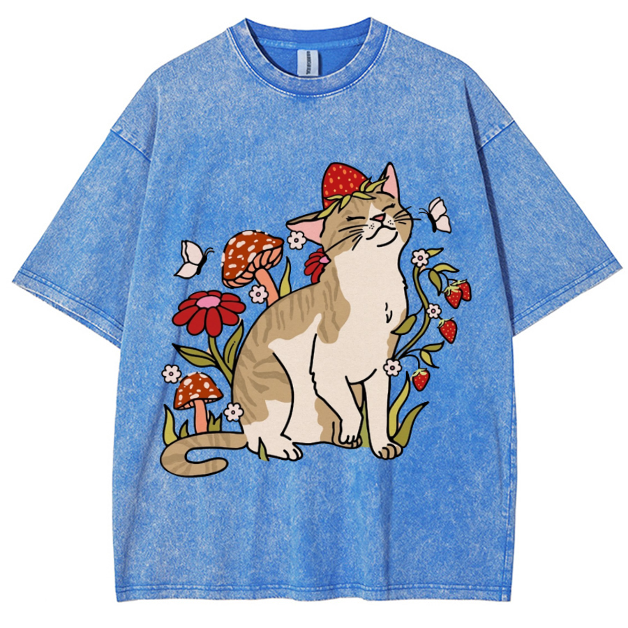 Cat And Plant Unisex Printed Retro Washed Short Sleeved T-Shirt-Print-cool
