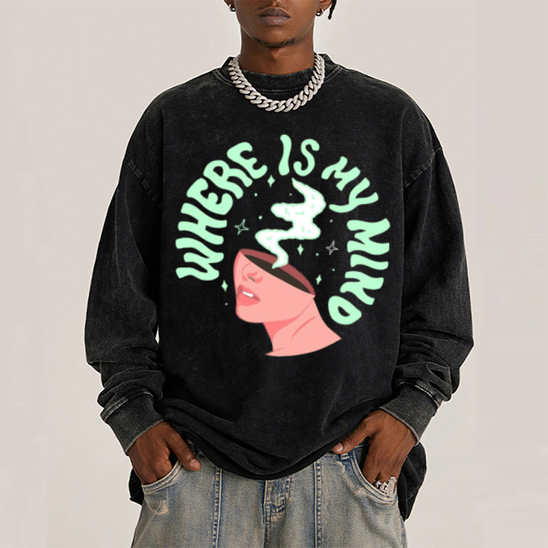 My Mind Unisex Casual Washed Printed Round Neck Long Sleeve T-shirt