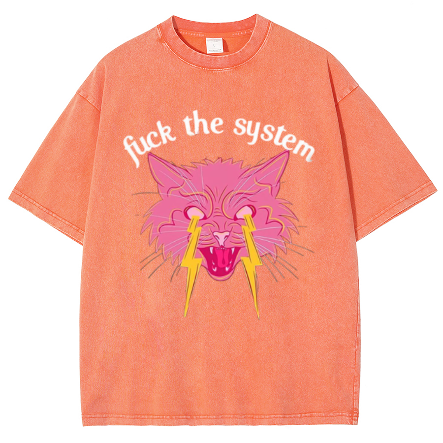 Fuck The System Unisex Oversized Print Vintage Wash Denim T-Shirt-Print-cool