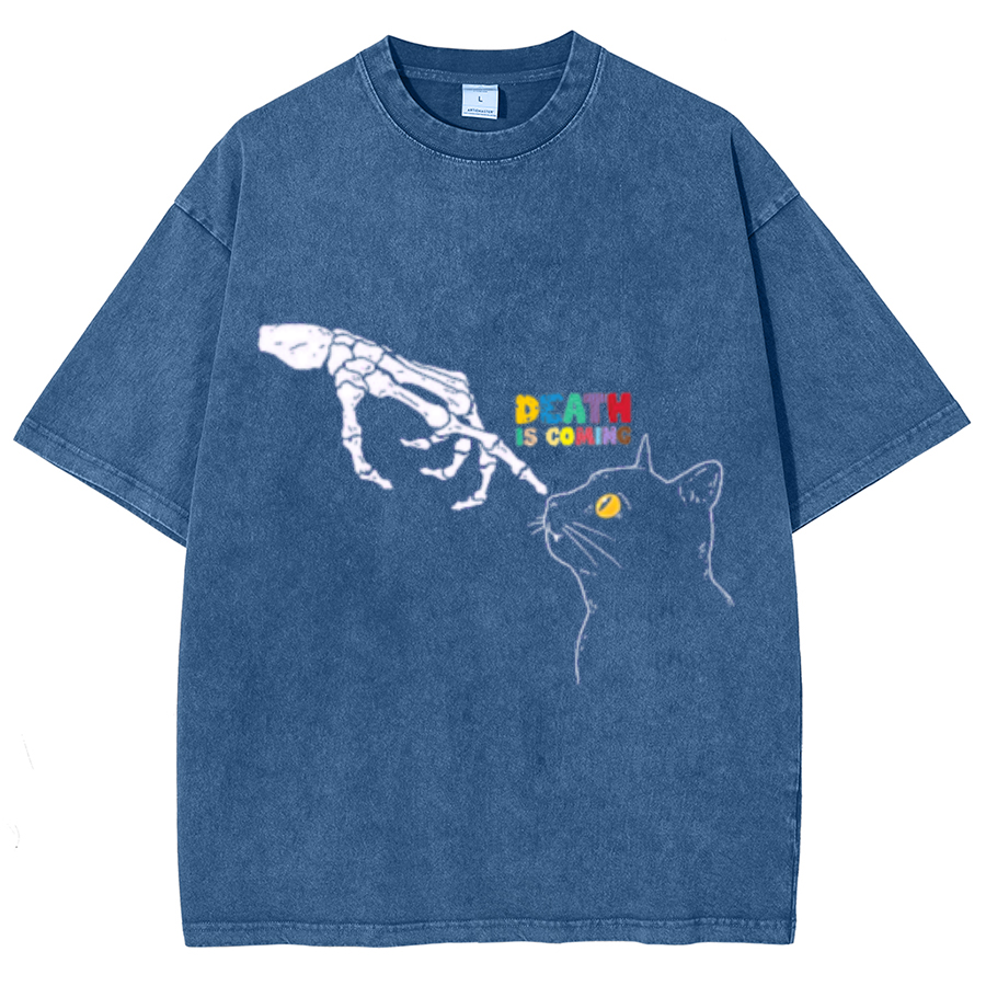 Death Is Coming Unisex Oversized Print Vintage Wash Denim T-Shirt-Print-cool