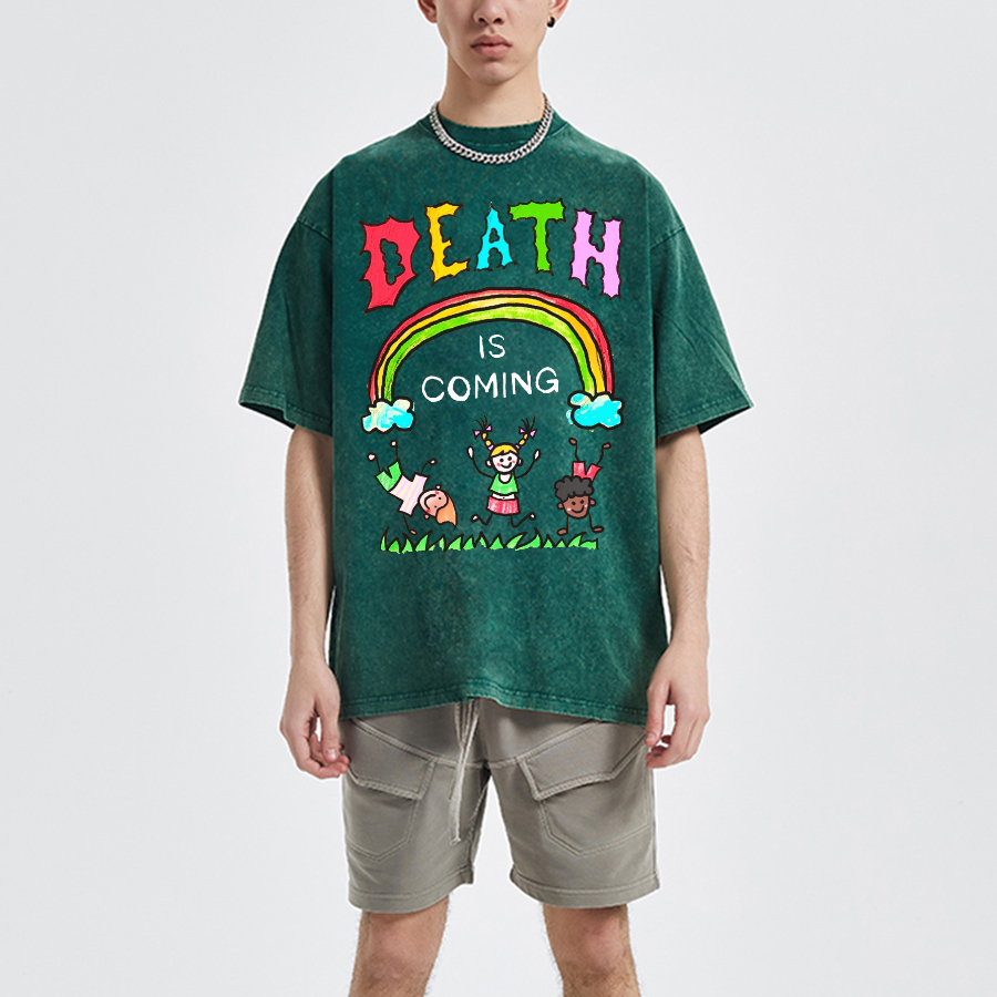 Death Is Coming Unisex Oversized Print Vintage Wash Denim T-Shirt