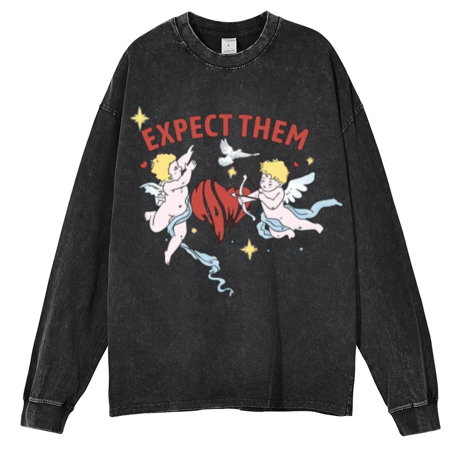 Expect Them Unisex Casual Washed Printed Round Neck Long Sleeve T-shirt