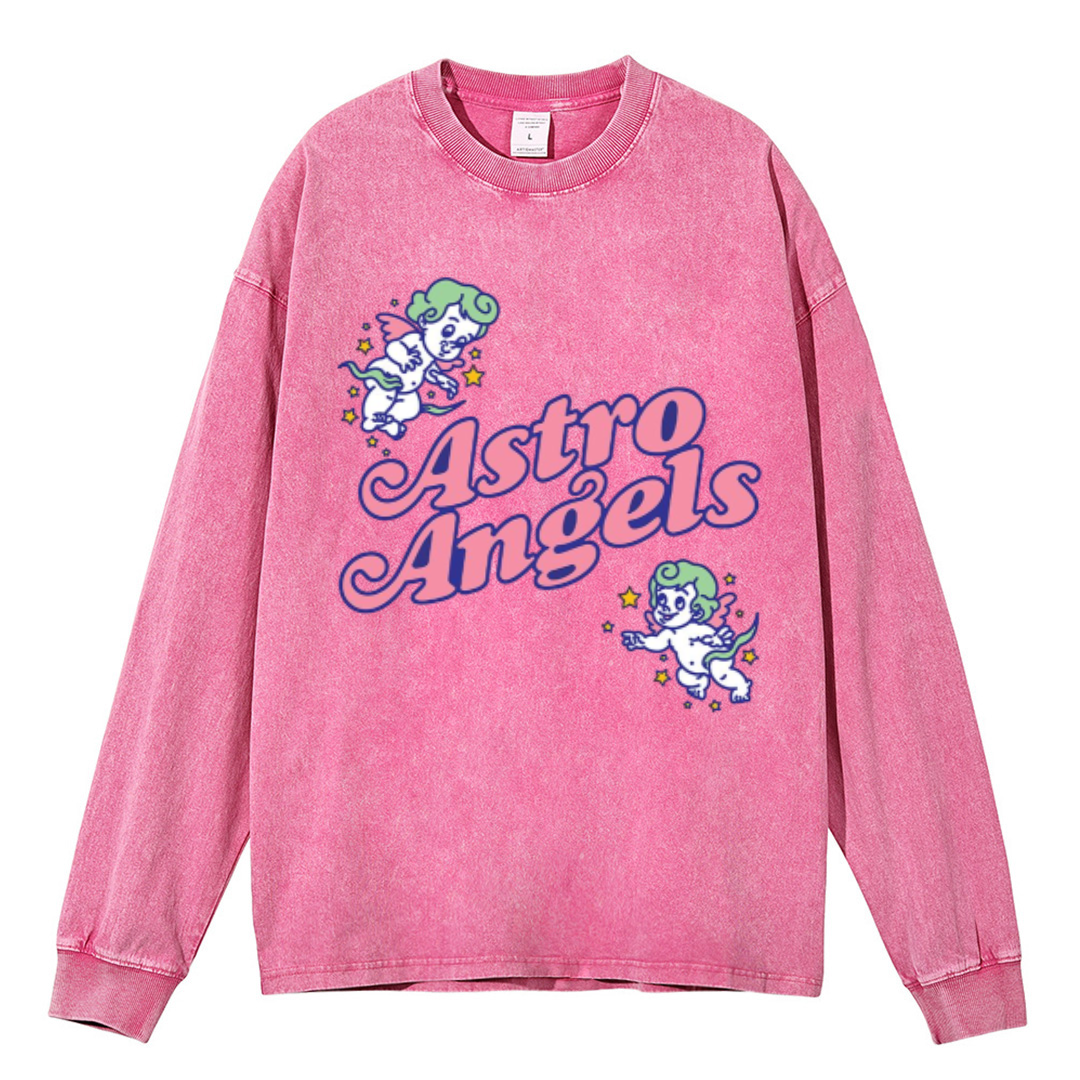 Astro Angels Unisex Casual Washed Printed Round Neck Long Sleeve T-shirt