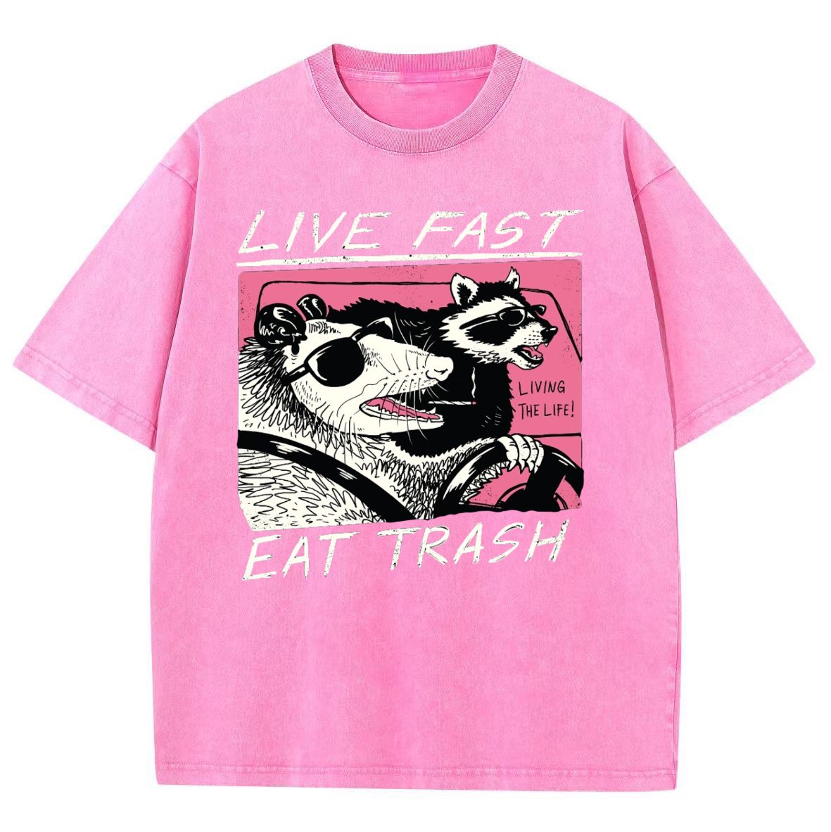 Live Fast Eat Trash Unisex Printed Retro Washed Short Sleeved T-Shirt-Print-cool
