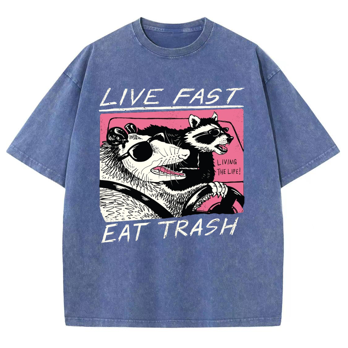 Live Fast Eat Trash Unisex Printed Retro Washed Short Sleeved T-Shirt-Print-cool