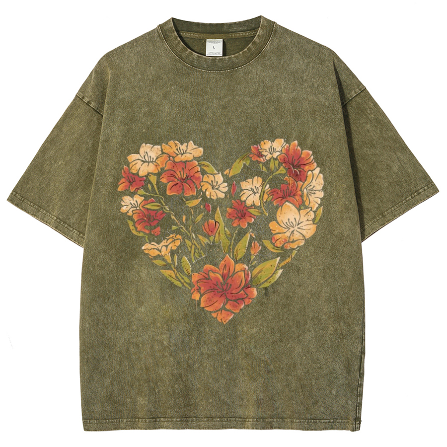 Flowers Cat Unisex Oversized Print Vintage Wash Denim T-Shirt-Print-cool