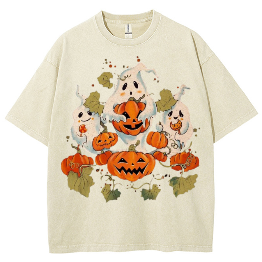 Spooky Pumpkin Unisex Printed Retro Washed Short Sleeved T-Shirt