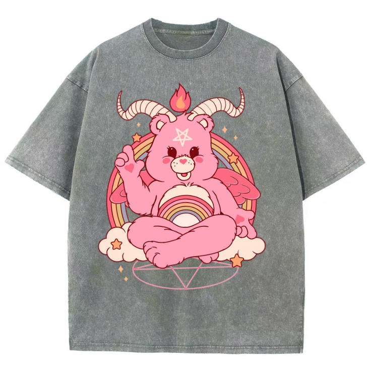 Funny Bear Unisex Printed Retro Washed Short Sleeved T-Shirt