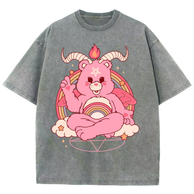 Funny Bear Unisex Printed Retro Washed Short Sleeved T-Shirt