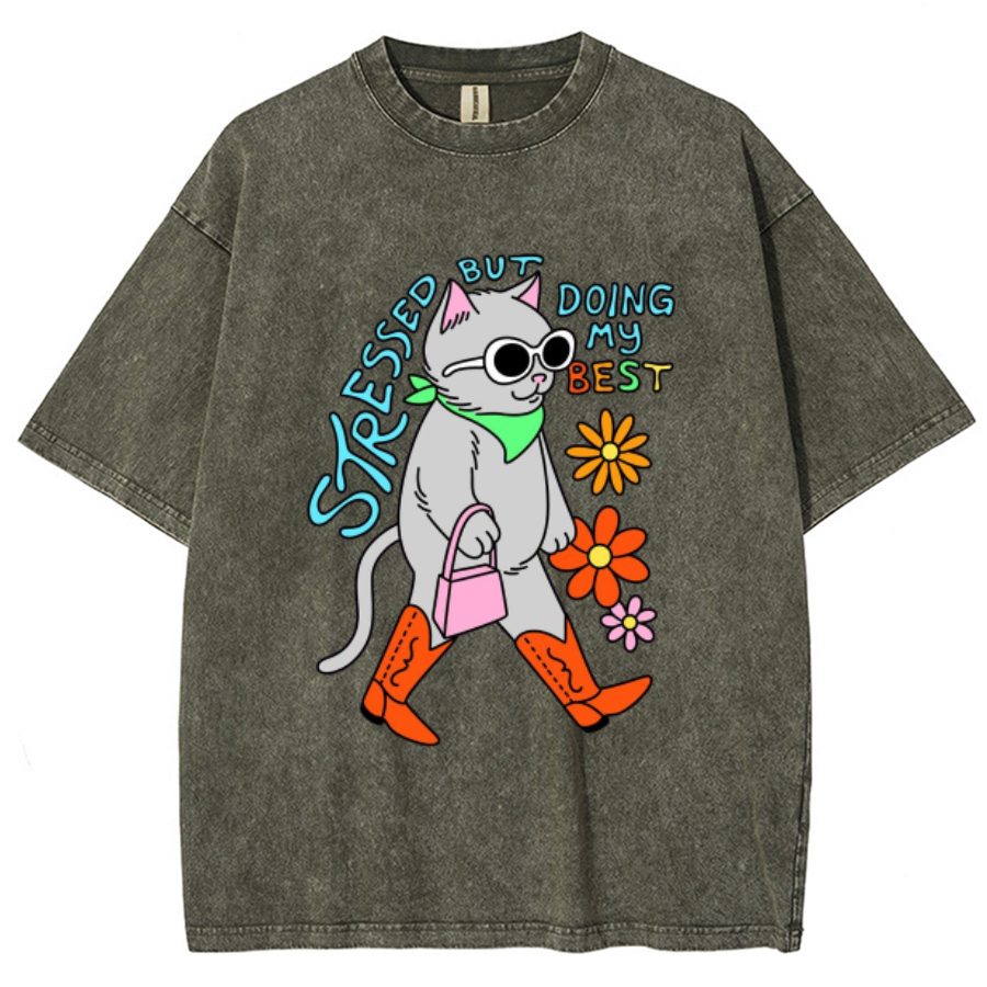 Stressed But Doing My Best Cat Unisex Printed Retro Washed Short Sleeved T-Shirt