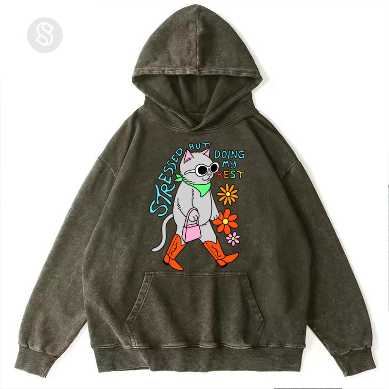 Stressed But Doing My Best Cat Unisex Printed Casual Washed Hoodie Sweatshirt