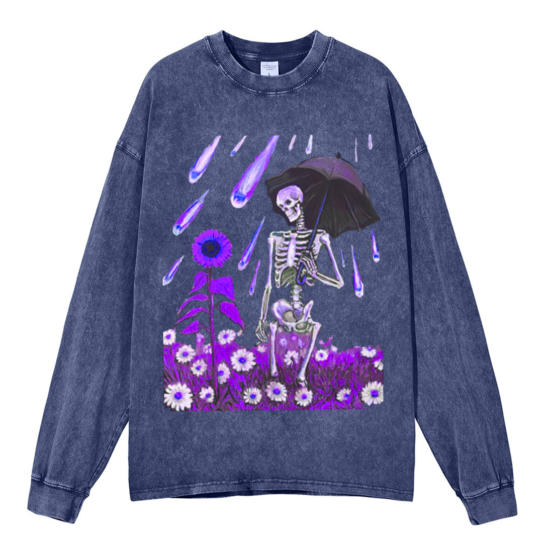 Sunflower Skull Unisex Casual Washed Printed Round Neck Long Sleeve T-shirt