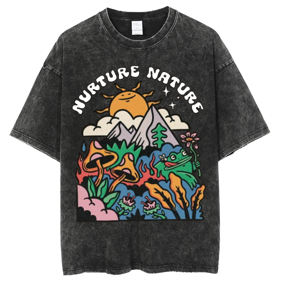 Nurture Nature Unisex Oversized Print Vintage Wash Denim T-Shirt