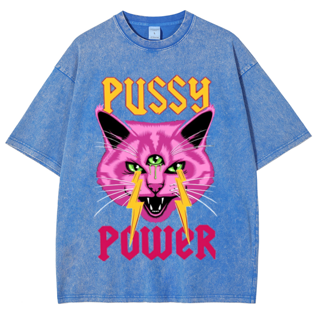 Pussy Power Unisex Oversized Print Vintage Wash Denim T-Shirt