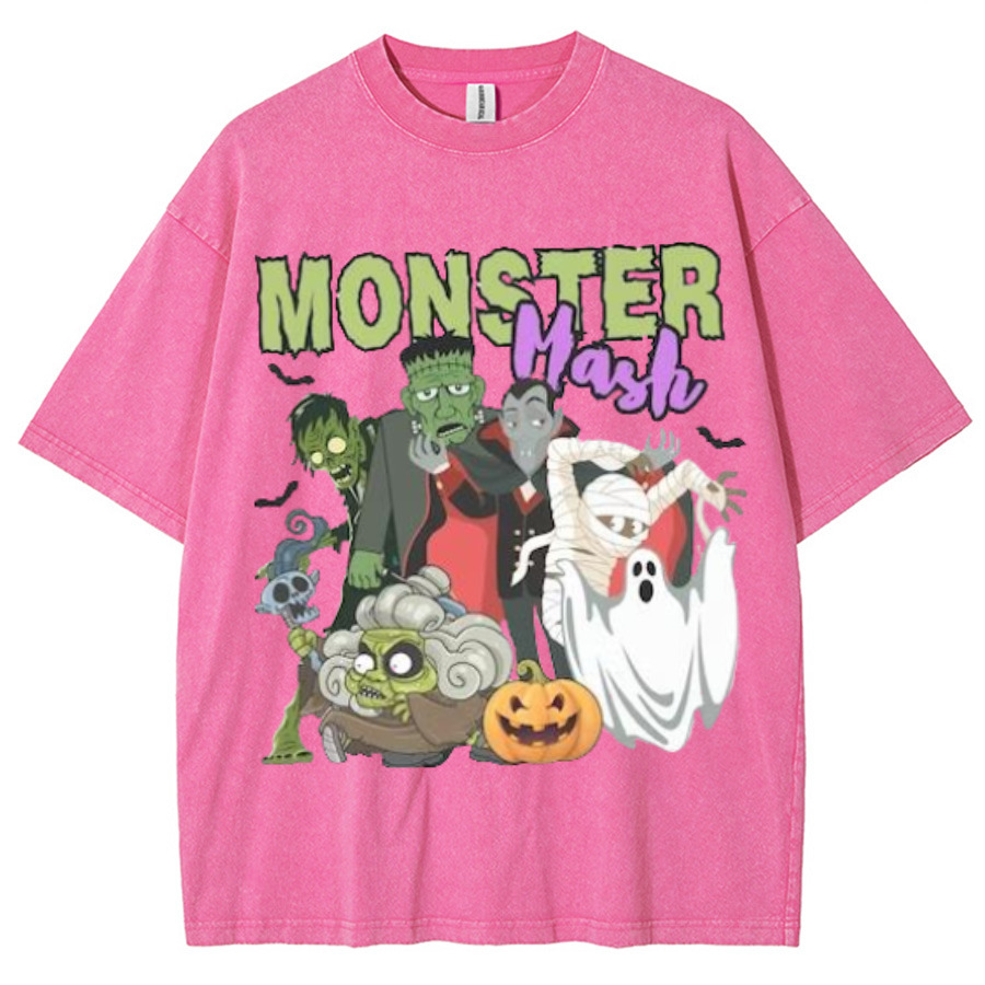 Monster Mash Unisex Printed Retro Washed Short Sleeved T-Shirt
