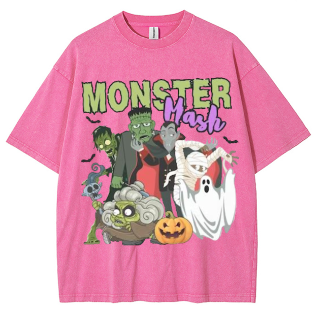 Monster Mash Unisex Printed Retro Washed Short Sleeved T-Shirt