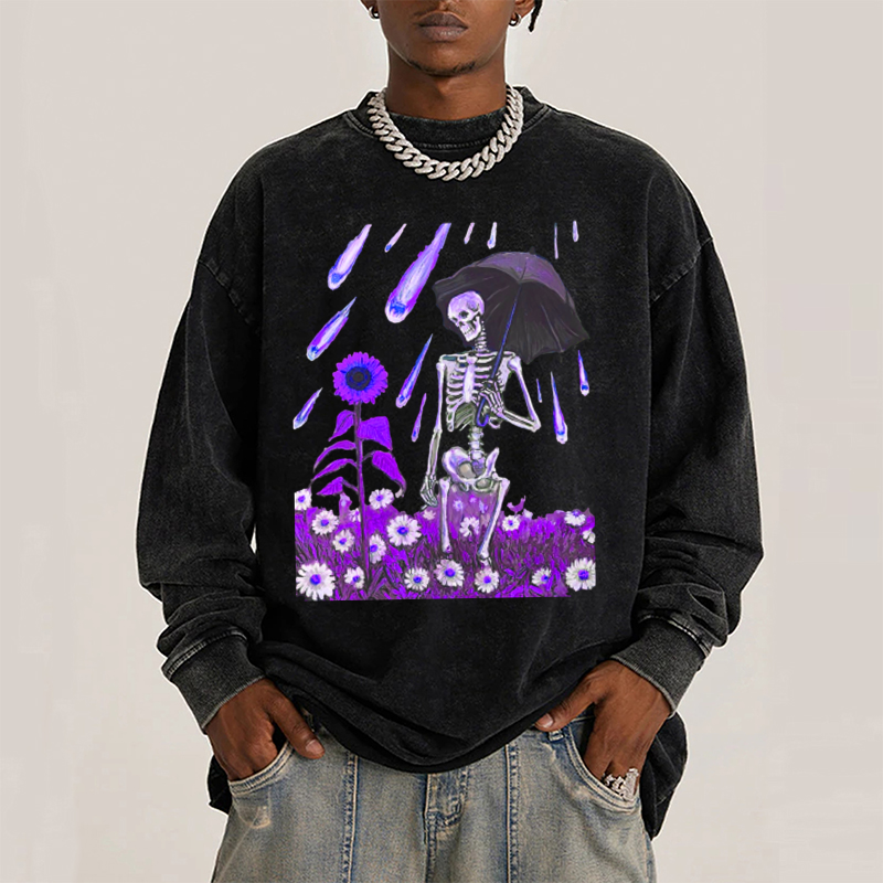 Sunflower Skull Unisex Casual Washed Printed Round Neck Long Sleeve T-shirt