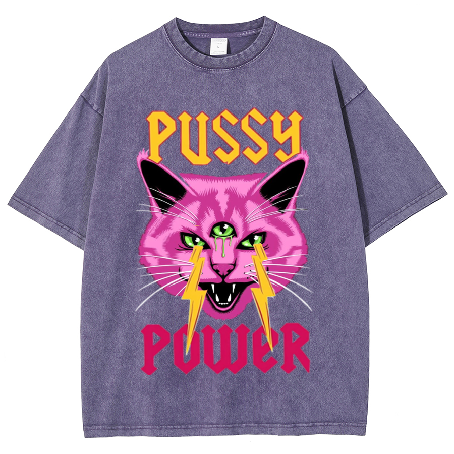 Pussy Power Unisex Oversized Print Vintage Wash Denim T-Shirt