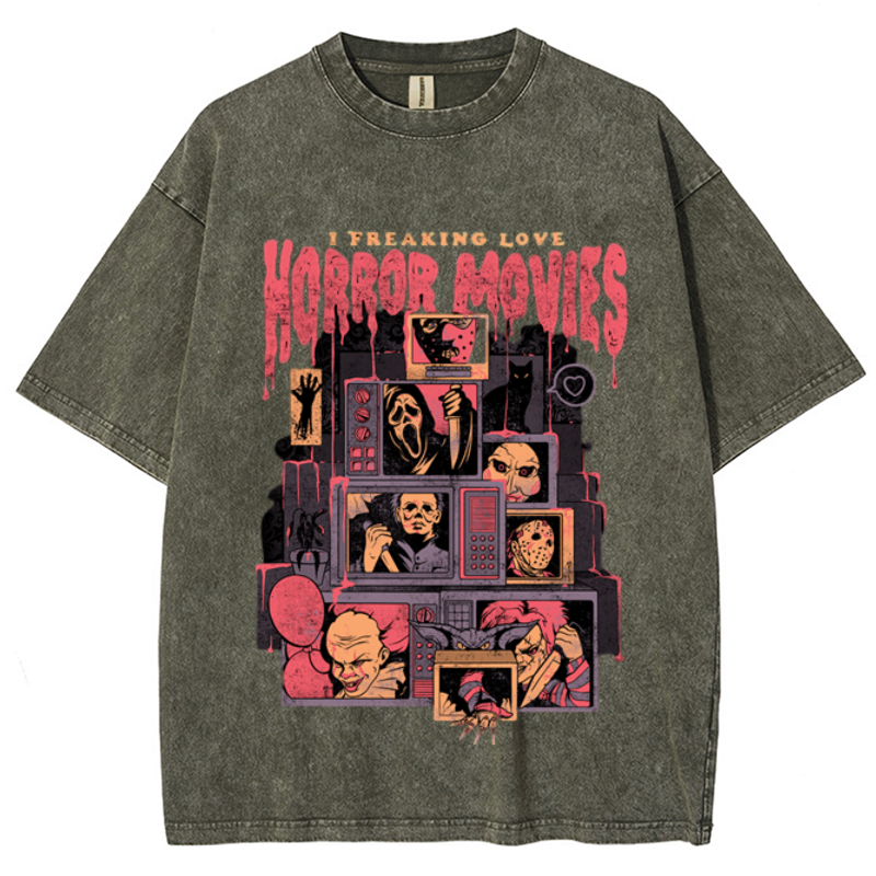 Horror Movies Unisex Vintage Wash Denim T-Shirts-Print-cool