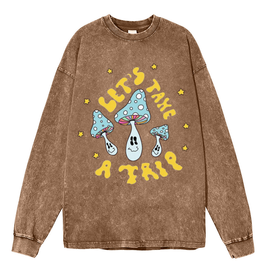 Lets Take A Trip Unisex Casual Washed Printed Round Neck Long Sleeve T-shirt