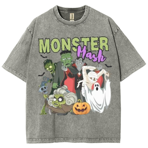 Monster Mash Unisex Printed Retro Washed Short Sleeved T-Shirt