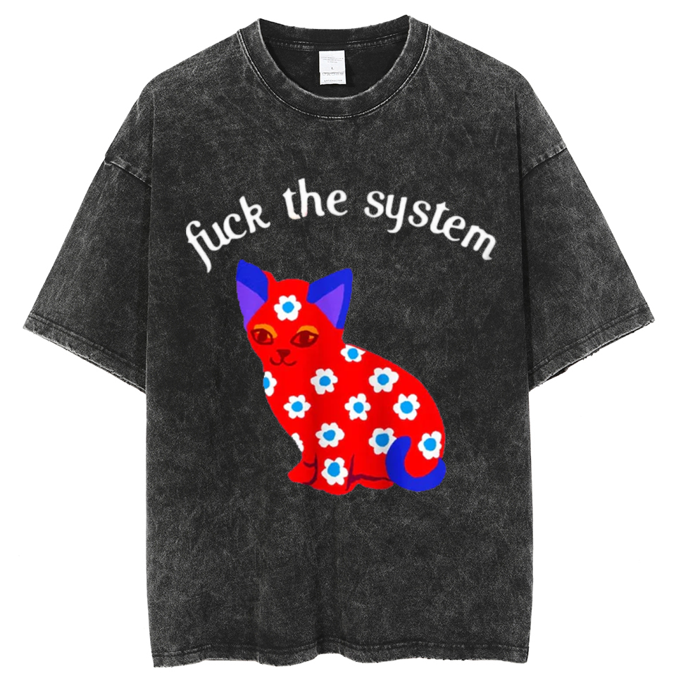 F The System Unisex Oversized Print Vintage Wash Denim T-Shirt-Print-cool
