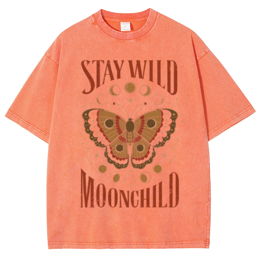 Stay Wild Unisex Oversized Print Vintage Wash Denim T-Shirt-Print-cool