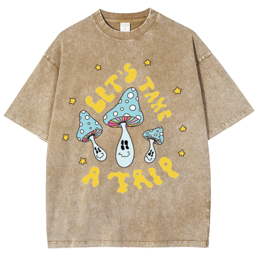 Lets Take A Trip Unisex Oversized Print Vintage Wash Denim T-Shirt