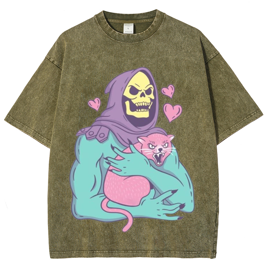Funny Skull Cat Unisex Printed Retro Washed Short Sleeved T-Shirt