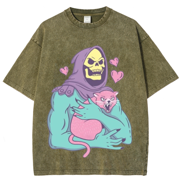 Funny Skull Cat Unisex Printed Retro Washed Short Sleeved T-Shirt