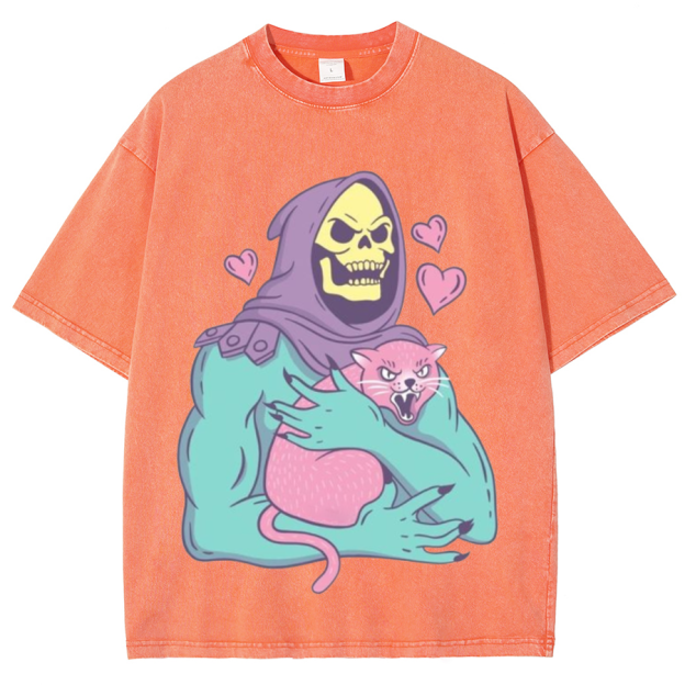 Funny Skull Cat Unisex Printed Retro Washed Short Sleeved T-Shirt