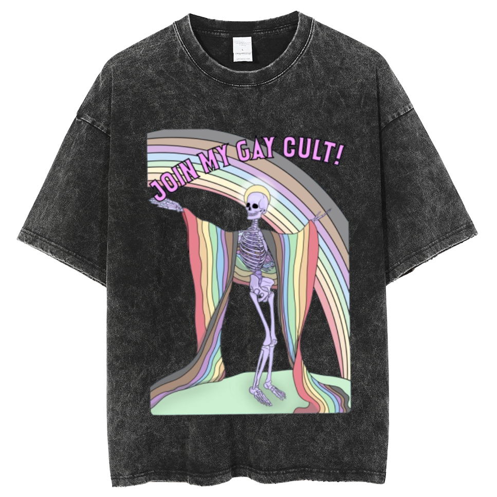 Join My Gay Cult Unisex Oversized Print Vintage Wash Denim T-Shirt