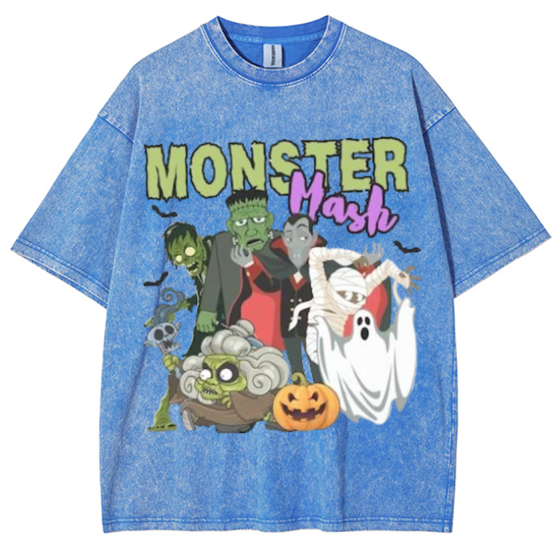 Monster Mash Unisex Printed Retro Washed Short Sleeved T-Shirt