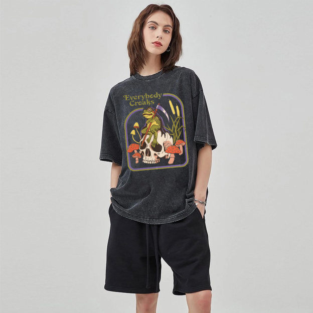 Everybody Croaks Unisex Oversized Print Vintage Wash Denim T-Shirt
