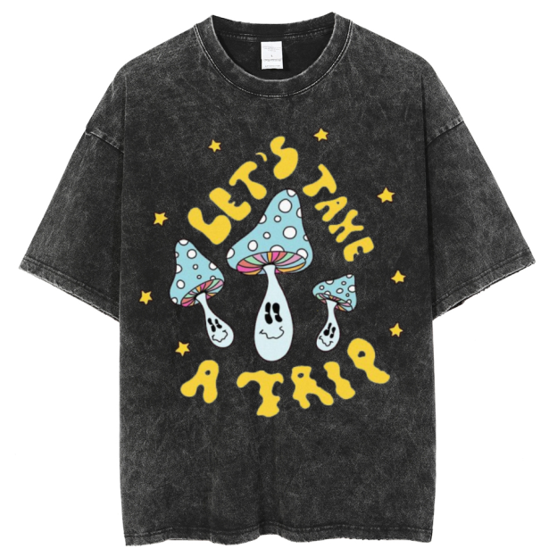Lets Take A Trip Unisex Oversized Print Vintage Wash Denim T-Shirt