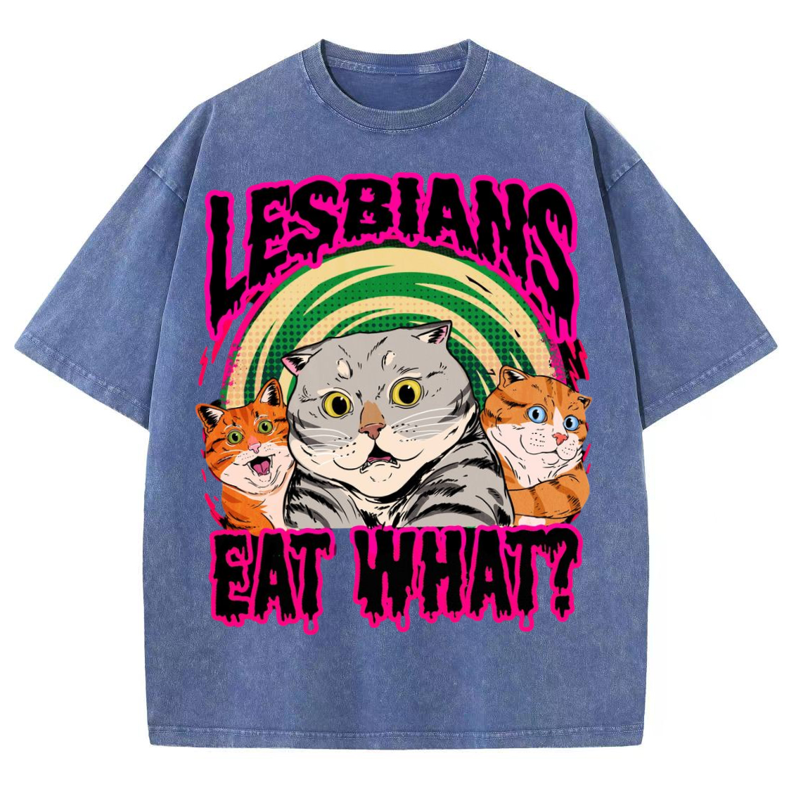 Eat What Lesbians Unisex Printed Retro Washed Short Sleeved T-Shirt