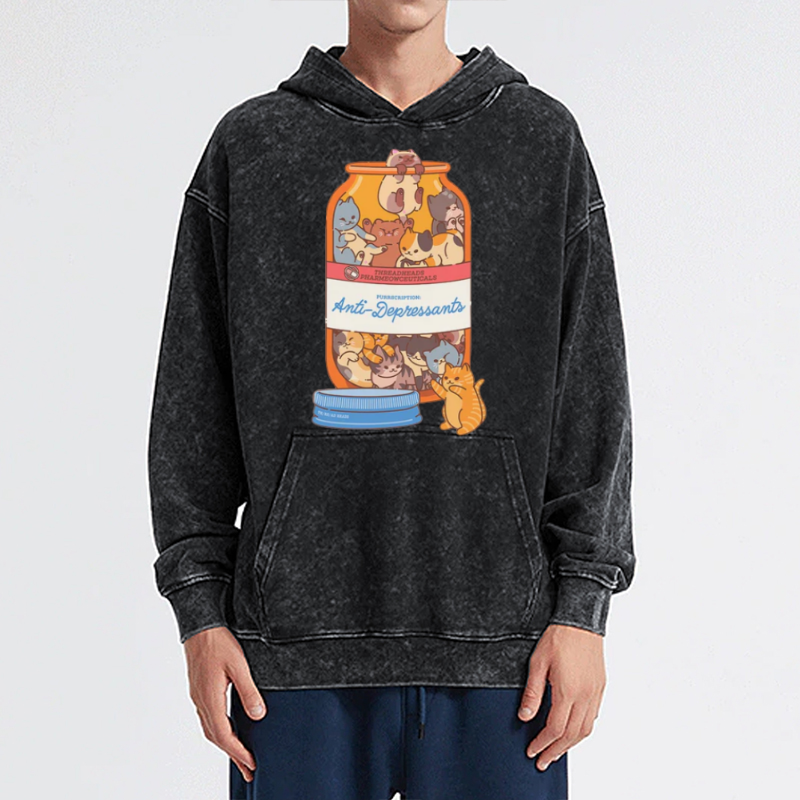 Funny Cat Unisex Printed Casual Washed Hoodie Sweatshirt-Print-cool