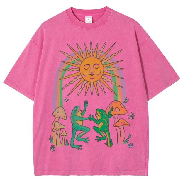 Funny Frog Unisex Oversized Print Vintage Wash Denim T-Shirt