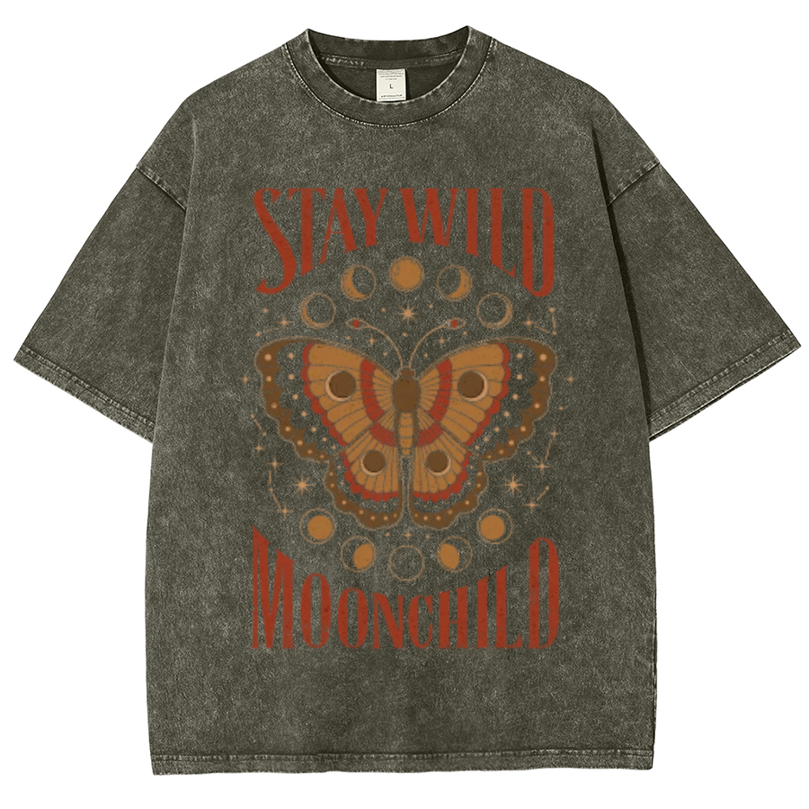 Stay Wild Unisex Oversized Print Vintage Wash Denim T-Shirt-Print-cool