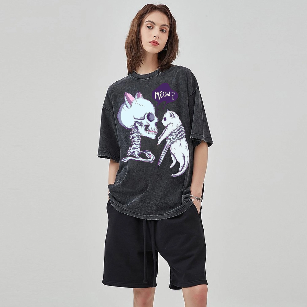 Funny Skull Cat Unisex Vintage Solid Wash Denim T-Shirts-Print-cool